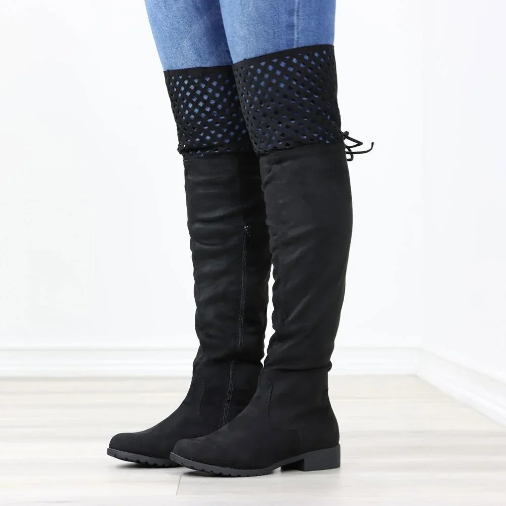 Black Thigh High Over The Knee Flat Boots Faux Suede - Picture 13 of 15